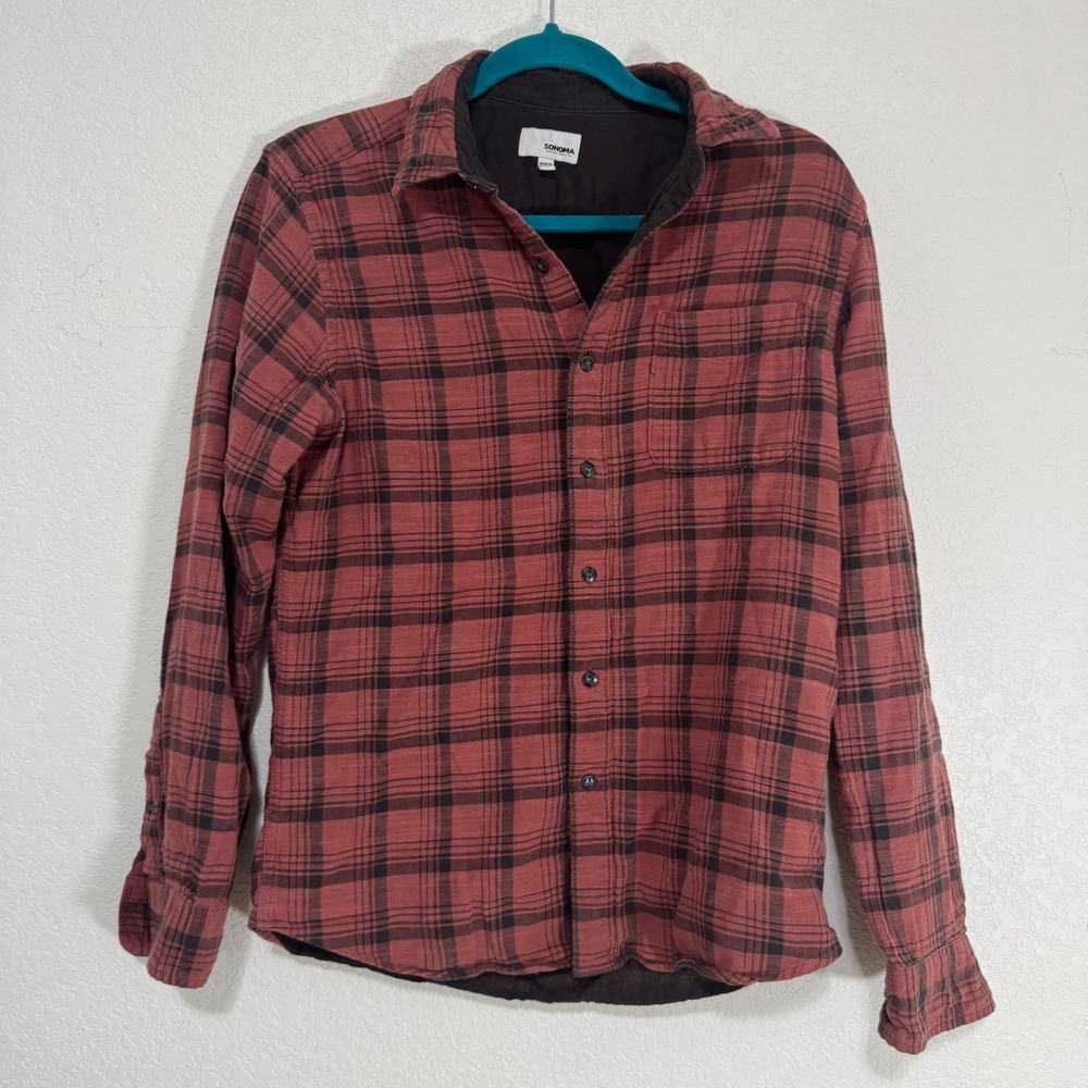 Sonoma Goods For Life Men's Plaid Flannel Shirt Red Black Long Sleeve Size S